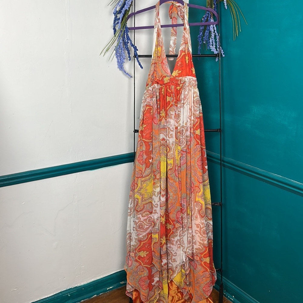 Sunset Paisley Halter Maxi Dress - Vibrant Orange & Yellow